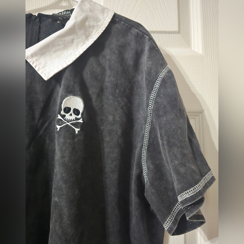 Social Collision Boxy Fit Acid Wash Collared Tee w/ Embroidered Skull Patch. - Picture 4 of 9